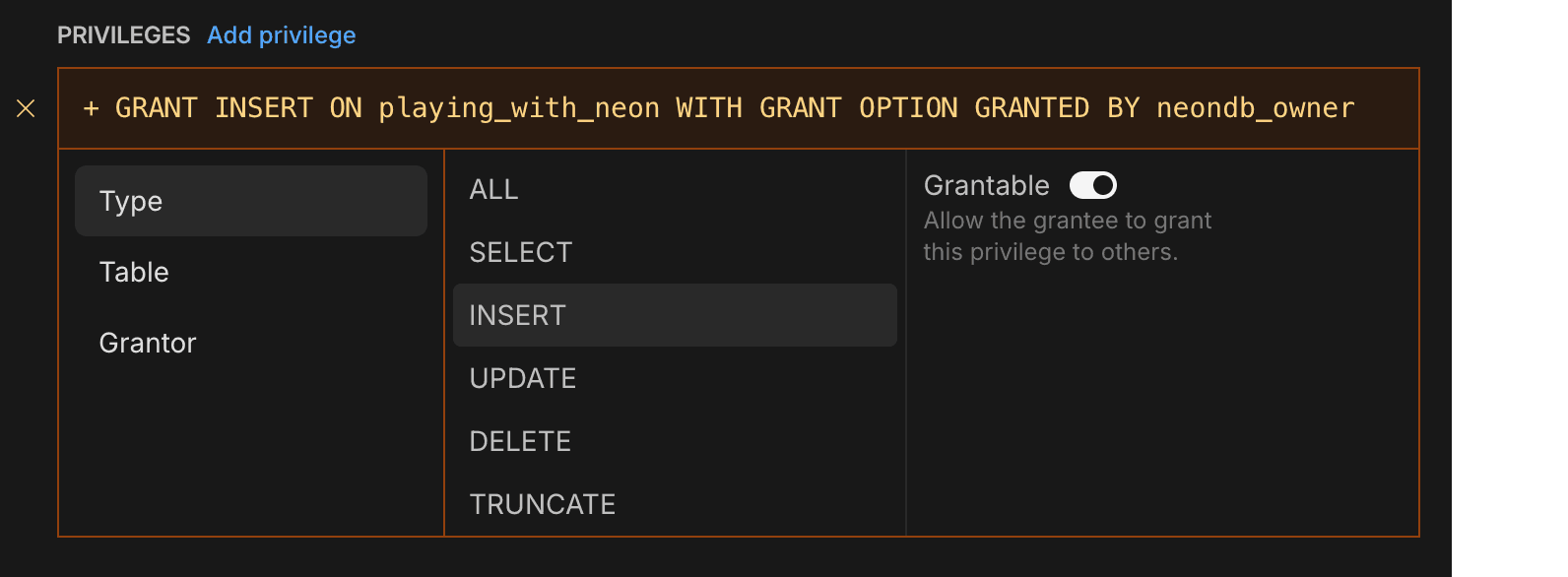 Add privileges on the tables page