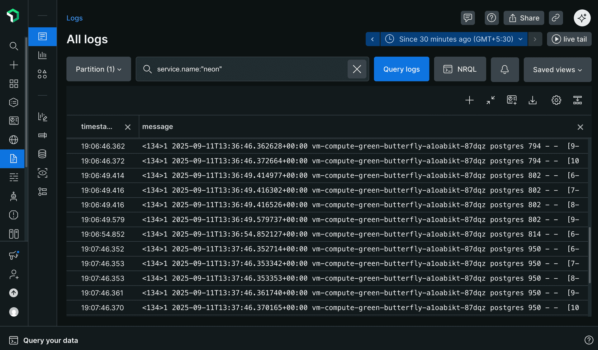 New Relic Logs UI showing Postgres logs from Neon