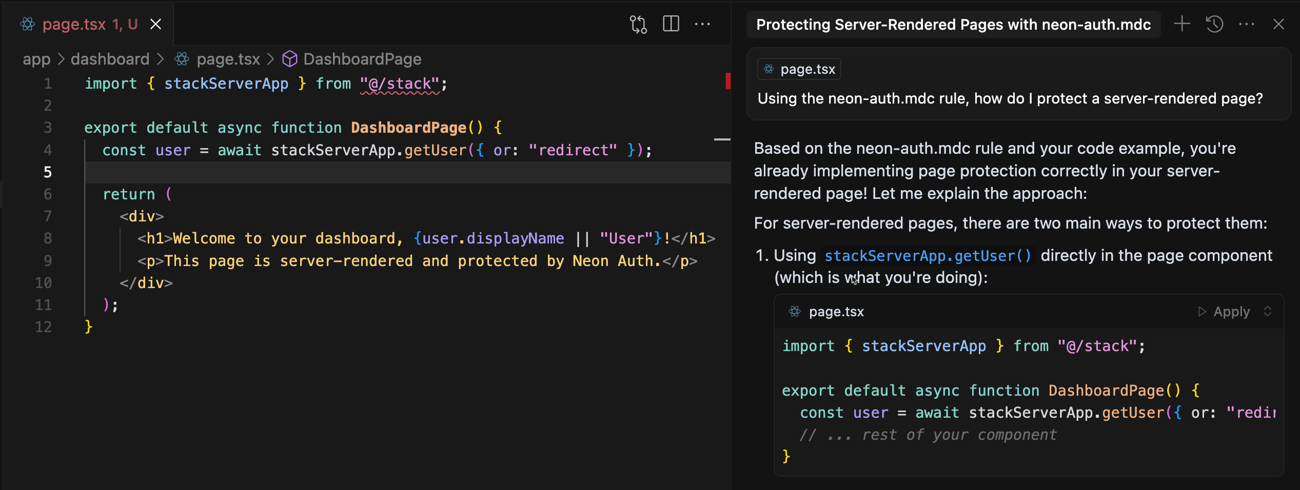 Screenshot of Cursor applying the neon-auth.mdc rule
