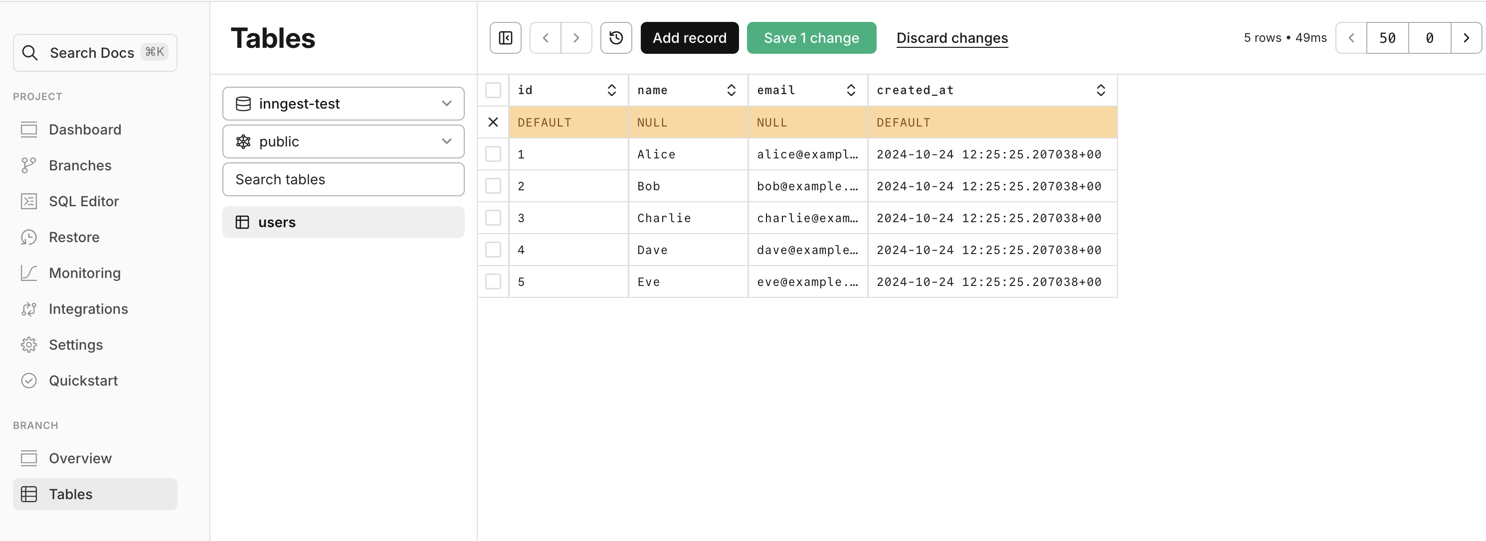You can add a new record to the users table directly from the Neon console